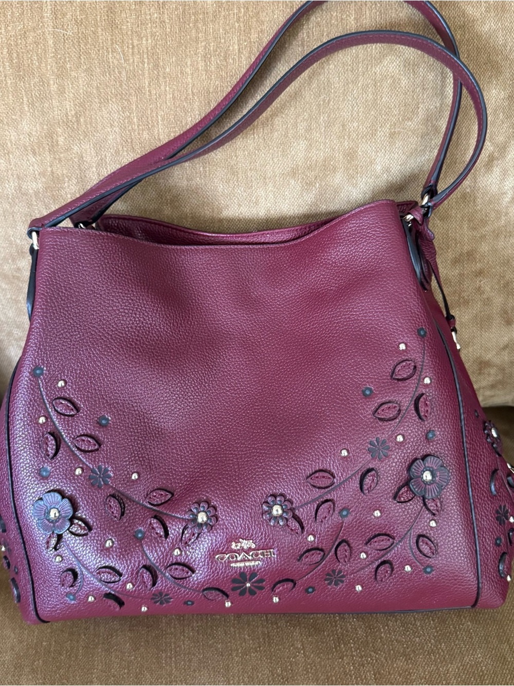 Coach Burgundy Floral Appliqué Leather Shoulder Bag